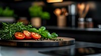 Fresh cherry tomatoes and aromatic herbs on rustic wooden cutting board against dark kitchen background, selective focus creates appetizing food composition.