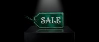 Glowing green sale tag on dark podium with dramatic spotlight, retail discount concept for promotions, banners, and marketing campaigns.