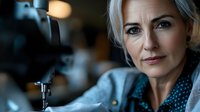 Professional mature blonde woman working at sewing machine in textile workshop. Skilled seamstress or fashion designer focused on crafting garments in studio setting.