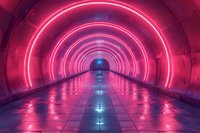 Futuristic tunnel with glowing neon pink circular lights creating an infinite perspective effect. Reflective tiled floor with blue accent lighting perfect for sci-fi and modern architectural designs.