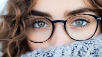 Close up view of bright blue eyes with long eyelashes looking through stylish black round eyeglasses frames, wrapped in cozy knit winter scarf.