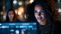 Young African American businesswoman with curly hair working late at night in modern office with bokeh lights and computer screens in background.