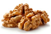 Fresh walnut kernels with detailed texture and natural brown color on white background, isolated macro shot showing intricate ridges and curves of nutmeat halves.