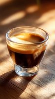 Fresh espresso shot with golden crema in glass cup on wooden surface, dramatic natural lighting casting soft shadows, close-up view for coffee menu and cafe promotion.