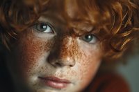 Young redhead child with freckles and blue eyes looking directly at camera with curly hair and natural lighting for portrait photography.