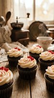 Chocolate cupcakes with vanilla frosting and red heart sprinkles on rustic wooden table in cozy kitchen setting for Valentine's Day celebration.