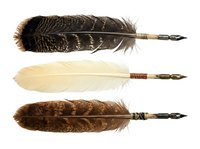 Feather quill pens with metal nibs isolated on white background, ready for calligraphy, writing, and design projects.