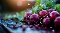 Fresh ripe cherries with digital network overlay on rustic wooden surface, glowing dots and lines creating futuristic connection pattern in soft bokeh light.