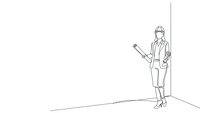 Professional businesswoman in suit holding documents standing on minimalist line drawing background for corporate presentations and business concepts.