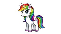 Cute cartoon unicorn with rainbow mane and tail on white background. Colorful magical pony character isolated for children designs and fantasy projects.