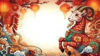 Chinese New Year goat zodiac animal with traditional lanterns, plum blossoms and decorative elements on warm golden background for lunar celebration design.