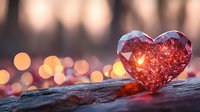 Red crystal heart on rustic wood against blurred golden bokeh lights creating romantic Valentine's Day atmosphere at sunset. Decorative love concept.