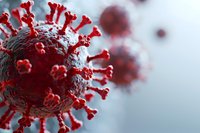 Microscopic view of coronavirus cell structure in deep red color showing spike proteins against blurred gray background for medical and scientific visualization.