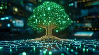 Digital tree with glowing green leaves connected to network of illuminated circuits against dark background, representing technology growth and artificial intelligence.