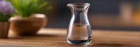 Clear glass carafe with water on wooden table surface against dark background, soft natural lighting creates elegant minimalist composition with blurred plant decor.