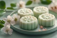 Elegant green tea mooncakes with floral patterns on ceramic plate, decorated with cherry blossoms and pearls for traditional Asian festival celebrations.