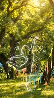 Magical forest scene with glowing dancer silhouette surrounded by hearts and light effects in enchanted woodland setting for fantasy designs.