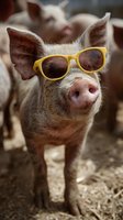 Funny pig wearing yellow sunglasses standing in farm pen with other pigs blurred in background, humorous animal portrait for comedy and entertainment use.