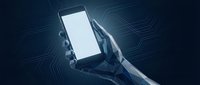 Robotic hand holding smartphone with blank white screen against dark blue circuit board background for technology and artificial intelligence concepts.