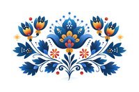 Decorative folk art floral composition in blue and orange tones featuring symmetrical tulips and leaves arranged in traditional European style ornamental pattern.