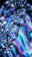 Macro shot of a flowing transparent liquid stream with iridescent holographic reflections in blue, purple, and teal tones on dark background.