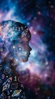 Human head silhouette filled with cosmic space and educational symbols including letters, numbers, and geometric shapes on starry galaxy background.