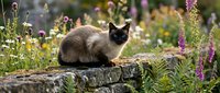 Cat with dark face and lighter body sitting on mossy log surrounded by wildflowers and ferns in natural garden setting.