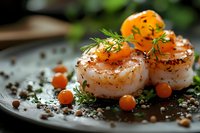 Pan-seared scallops garnished with fresh dill, orange segments and cherry tomatoes on dark plate with spices and herbs, close up view in natural light.