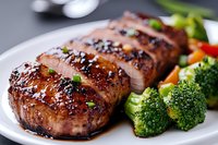 Grilled teriyaki chicken breast sliced and glazed with sweet soy sauce, served with steamed broccoli and vegetables on white plate, close up view.
