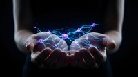 Hands holding glowing digital network connections with blue and purple light effects representing technology, innovation and connectivity concepts.