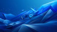 Abstract blue geometric mountain landscape with angular polygonal shapes and glowing particles against deep blue background. Perfect for modern digital designs.
