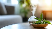 Aromatherapy diffuser releasing steam with bamboo bowl containing green pebbles and tropical leaf in modern living room interior, wellness spa atmosphere.