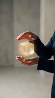 Businessperson holding glowing cube between hands, symbolizing innovation, energy, and technology solutions for corporate growth and future development.