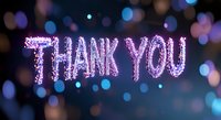 Glowing purple thank you text with sparkling effect against dark background with blue bokeh lights creates magical atmosphere for greeting cards and social media.