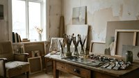 Artist studio workspace with easel, paintbrushes, canvases and art supplies in natural light room with vintage wooden furniture and creative atmosphere.