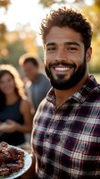 Happy mixed-race man with curly hair and beard holding grilled meat at outdoor barbecue party with friends in warm golden hour light for social gatherings.
