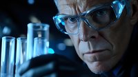 Senior male scientist in protective eyewear examining test tubes with glowing blue liquid in dark laboratory setting, dramatic lighting creates mysterious atmosphere.