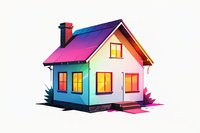 Colorful gradient house illustration with glowing windows and chimney on white background, featuring vibrant pink, blue and yellow tones. Isolated design element.