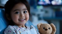 Young Asian girl smiling warmly while holding teddy bear in hospital bed, showing resilience and hope during medical care. Soft lighting creates comforting atmosphere.