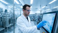 Male scientist in white lab coat and safety glasses working on touchscreen computer in modern pharmaceutical manufacturing facility with steel equipment.