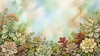 Watercolor succulent garden with blooming flowers and foliage in soft earth tones, ideal for botanical backgrounds and nature-themed designs.