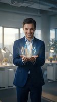 Young Caucasian businessman in navy suit holding glowing family icons in cupped hands, representing life insurance protection in modern office environment.