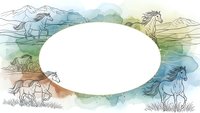 Watercolor horses galloping around oval frame with mountains. Hand-drawn equestrian border design for invitations, cards, logos on white background.