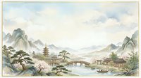 Asian landscape with mountains, pagoda, and wooden bridge over water in traditional watercolor style. Serene nature scene suitable for wall art, home decor, and cultural design projects.