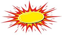 Bright yellow oval burst with red spikes radiating outward in comic book style explosion effect isolated on white background for graphic design projects.