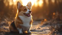Happy Pembroke Welsh Corgi dog sitting outdoors during golden sunset with bokeh background, tongue out, looking away with joyful expression.