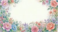 Watercolor floral frame with roses, peonies, and berries in soft pink, blue, and green tones, featuring a white center space for text or design.