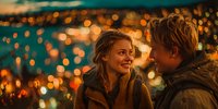 Young couple enjoying romantic evening date with warm bokeh lights creating magical atmosphere for winter holiday celebration.