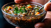 Hearty lentil soup with fresh herbs and vegetables in glass bowl, comfort food for cold weather dining and healthy meal preparation.