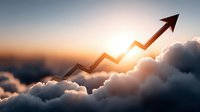 Red arrow pointing upward through dramatic clouds at sunset symbolizing business growth, success, and financial progress in corporate achievement.